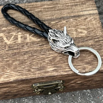 Nostalgija 1Pcs Volk Amulet Nakit PU Pleteni Tkanin Usnje Keychain Viking Pribor ključe Za Nož Avto Dekoracijo