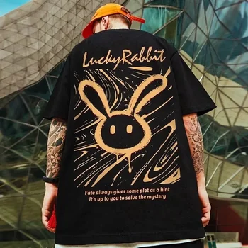 Risanka Smešno Lucky Rabbit Tiskanje T Shirt Za Moške Nov Kratki Rokav Harajuku T-Majice Poletje Priložnostne Prevelik Cotton Tee Vrhovi