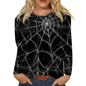 Novo V T-Shirt Počitnice V Modi Halloween Spider Net, Natisnjena Okoli Vratu Dolg Rokav Bluzo Prodaje Obleko Nastavite Ženske Camisetas
