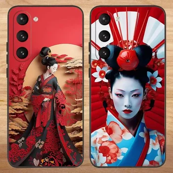 Japonski Gejša Ženska Primeru Telefon Za Samsung S23,23,22,30,21,10,9,Note20 Ultra,Lite,Ultra,5G,Plus,FE,Črna Mehka Primeru
