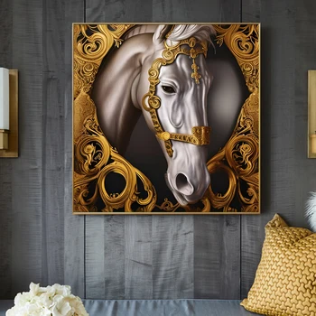 Konj v Zlati Okvir Umetniške grafike Luksuzni Umetnine Plakat Sodobne Živali Platno Slikarstvo Office Home Soba Dekoracijo Sten Slike