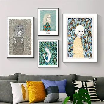 Nordijska Povzetek Cvet Ženske Platno Slikarstvo Zelenih Rastlin Wall Art Plakat in Tiskanje Sodobna Moda Dekle Spalnica Doma Dekor