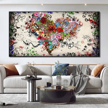 Barvita Srce Cvetje Ljubezni Platno Slikarstvo Povzetek Plakatov in Fotografij Wall Art Slike Za Dnevni Sobi Doma Dekor Cuadros